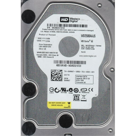 WD2500AAJS-75VWA0, DCM HARNHTJCAN, Western Digital 250GB SATA 3.5 Hard Drive