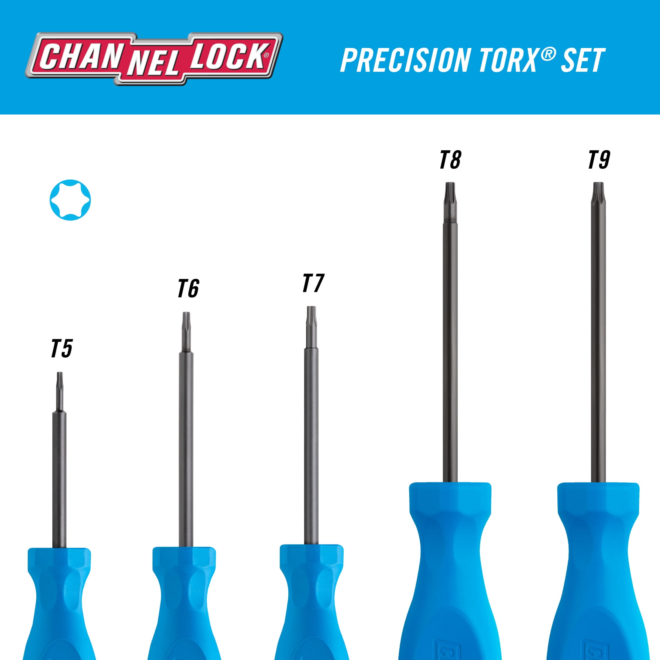 CHANNELLOCK Professional Precision TORX Screwdriver Set, Precision Machined with Non-Magnetic Tip & Tri-Lobe Grip, Ideal for Home Improvement, Made in USA, 5-tool set (TP-5H)