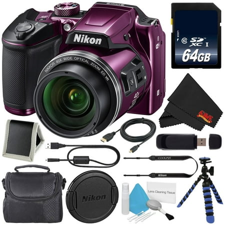 Nikon COOLPIX B500 Digital Camera (Purple) + 64GB SDXC Class 10 Memory Card + Flexible Tripod with Gripping Rubber Legs + Small Soft Carrying Case + Micro HDMI Cable + SD Card USB Reader Bundle