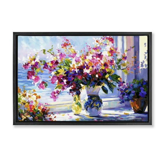 Stupell Industries Blooms Kissed By Morning Sun Landscape & Nature Painting Black Floater Framed Canvas Art Print Wall Art, 25 x 17