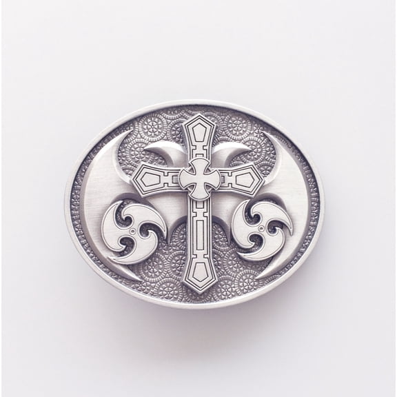 Antique Brushed Silver Celtic Cross Oval Belt Buckle