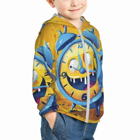 

Uemuo Funny Alarm Clock Illustration Pattern Rash Guard for Boys Girls Long Sleeve Swim Shirts UPF 50+ UV Sun Protection Hooded Fishing Shirt with Pocket for Kid-3 Years