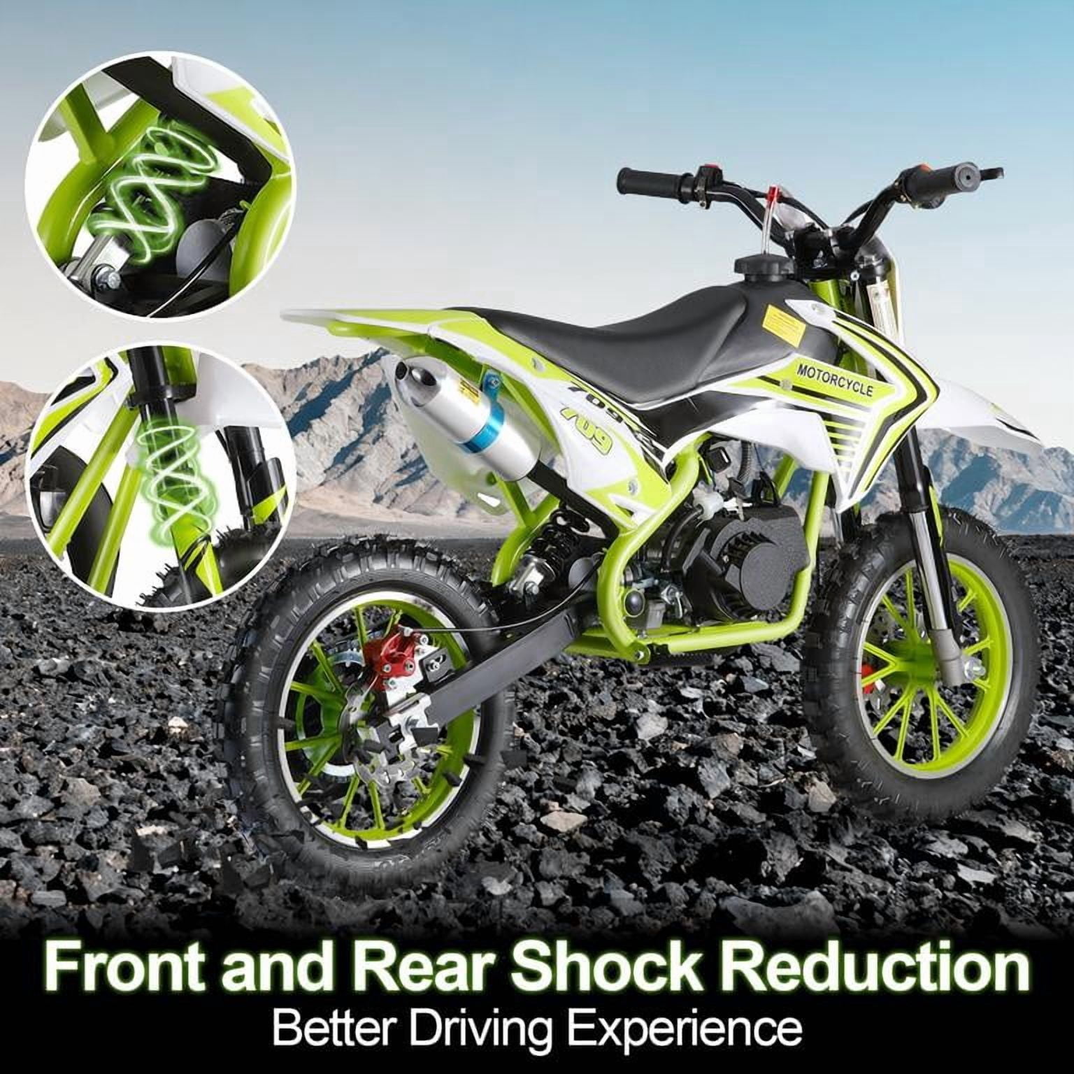 Korogimeeet Gas Powered Mini Dirt Bike 49cc 2-Stroke, Hand-Pull Start, 10 Inch Off-Road Tires, Dual Disc Brakes, Infinitely Variable, 30KM/H Max Speed, 150kg, 47 x 28 Inch