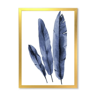 Designart 'Navy Blue Tropical Banana Leaves On White' Tropical Framed Art Print