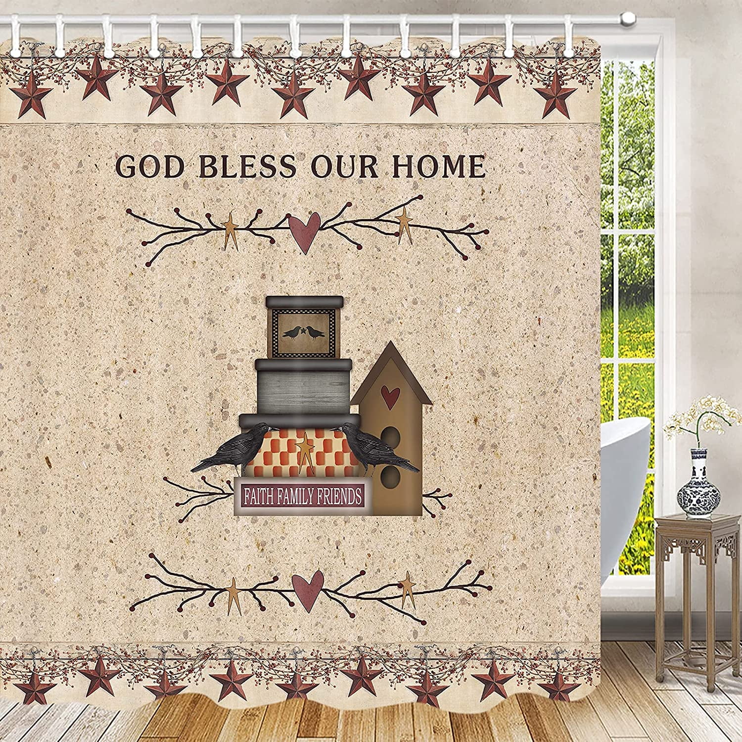 Farmhouse Shower Curtain, Primitive Shower Curtain Pip Berry Birdhouse