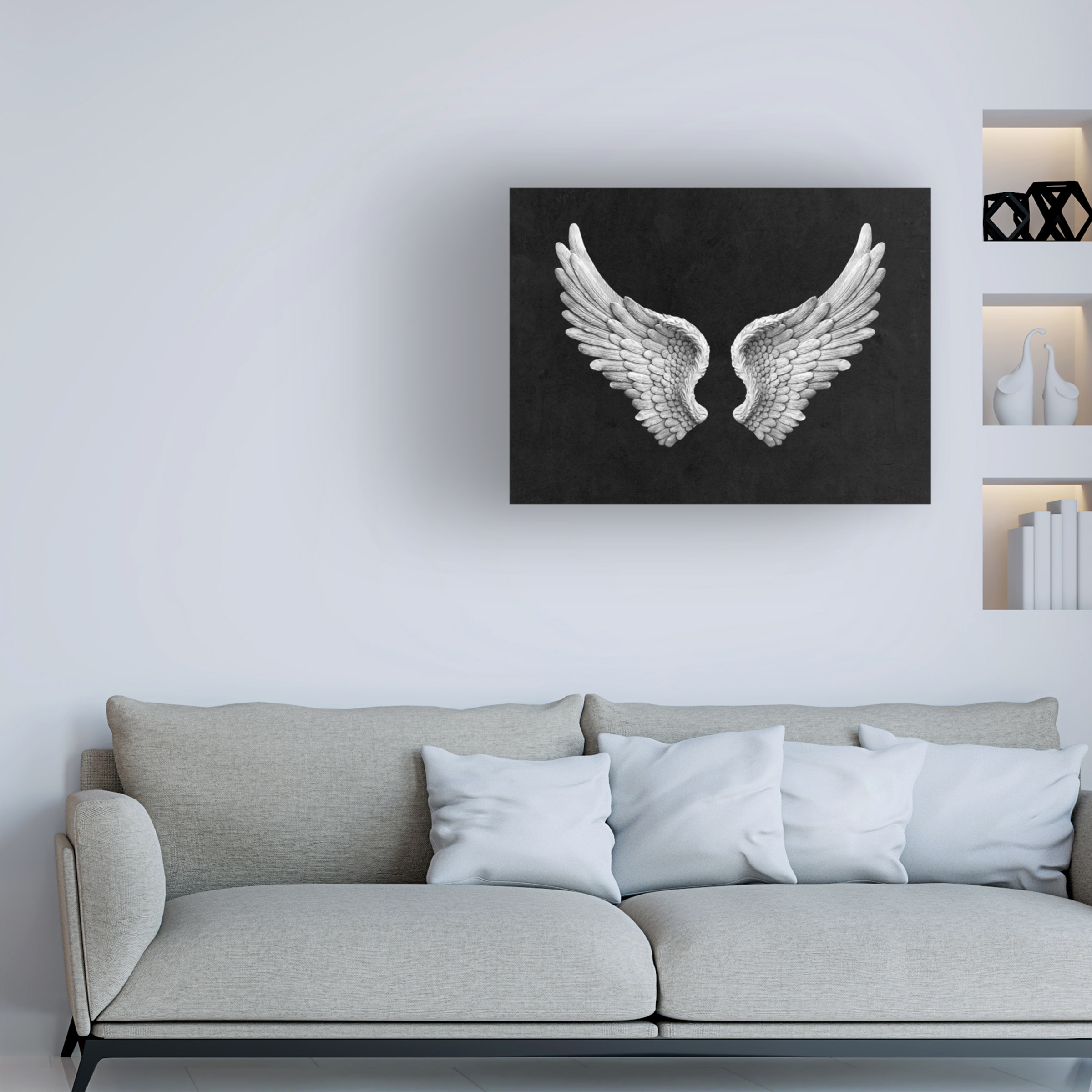 Canvas Wall Art - Tom Quartermaine 'Black and White Angel Wings on Black up' Wall Art for Living Room, Bedroom, or Office DÃ©cor by Trademark Fine Art - 32 x 24 Inches