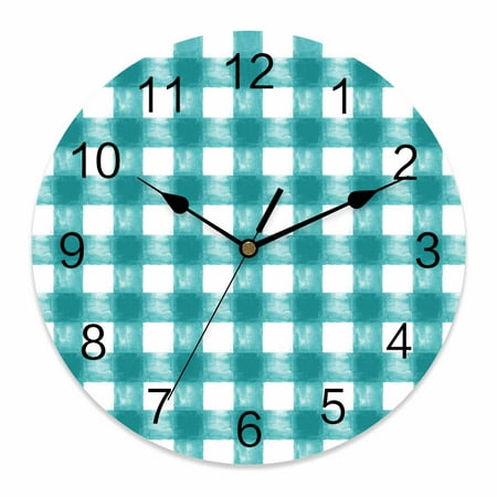 Wall Clock Buffalo Check Watercolor Clocks PVC Silent Non-Ticking Battery Operated Decorative Turquoise White Plaid FarmHouse Round Clock for Home Living Room Kitchen Bedroom Wall Decor 14 Inch
