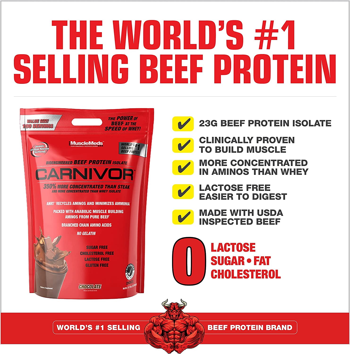 MuscleMeds Carnivor Beef Protein Isolate Powder – 23 g Protein, 0 g Sugar/Fat/Lactose/Cholesterol – Chocolate Flavor, 7.47 lb (100 Servings)