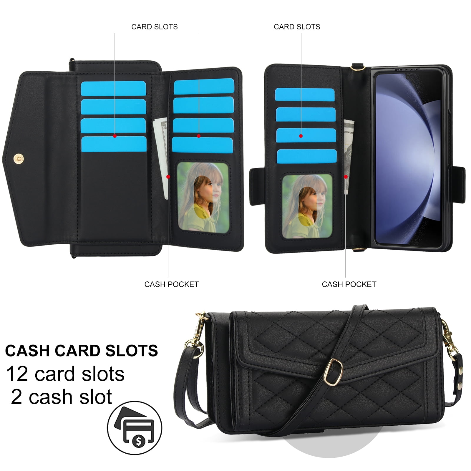 Dteck for Samsung Galaxy Z Fold 3 Wallet Case with S Pen Holder for Women, Crossbody Wallet Z Fold 3 Phone Case with 12-Card Slots, PU Leather Flip Case with Strap Wristlet & Shoulder Strap,Black