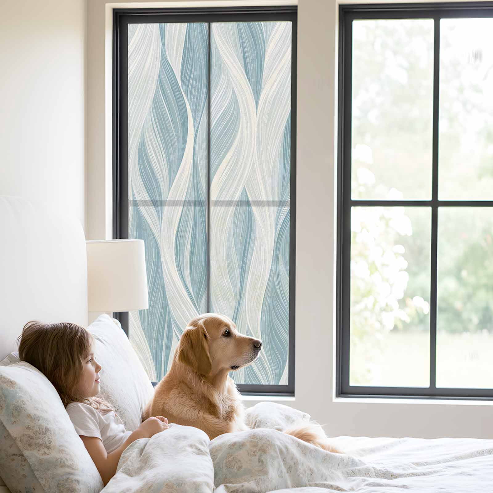 White Blue Ombre Stripe Window Privacy Film, Modern Abstract Moire Waves Static Cling UV Sun Blocking Tint Film Heat Control Windows Films for Bedroom Bathroom, Window Stickers 23.6"x59"