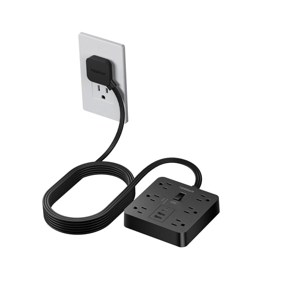 Tira de alimentación con protector contra sobretensiones, cable de extensión de enchufe plano TESSAN de 5 pies con 6 salidas, 3 cargadores USB (1 USB C), protección 1700J, estación de carga de múltipl