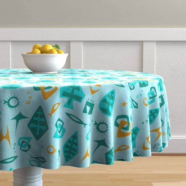 Round Tablecloth Mid Century Modern Blue Abstract Modernism Retro