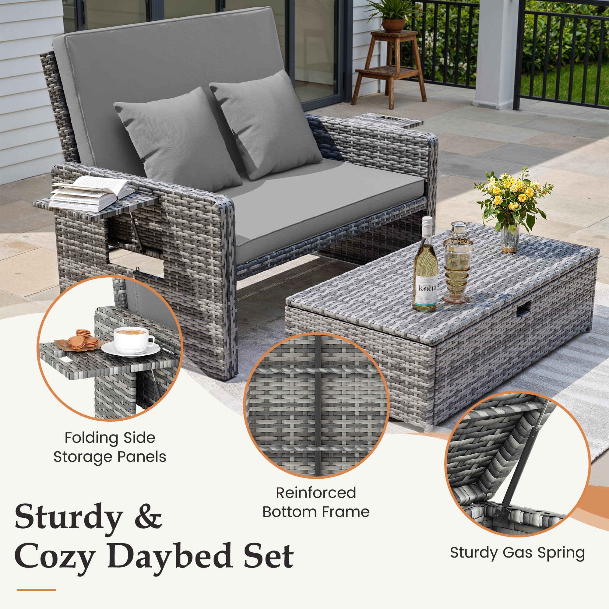 POTEBAN Wicker Outdoor Daybed-Outdoor Loveseat with Storage Ottoman, 4-Level Adjustable Backrest & Cushions for Balcony, Garden, Poolside (Gray)