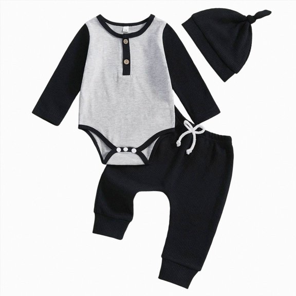 Splozh Baby Boy Clothes Ribbed Long Sleeve Romper Pants Set 0 3 6 9 12 Months Newborn Outfit Preemie Baby Clothes,Black,0-3 Months