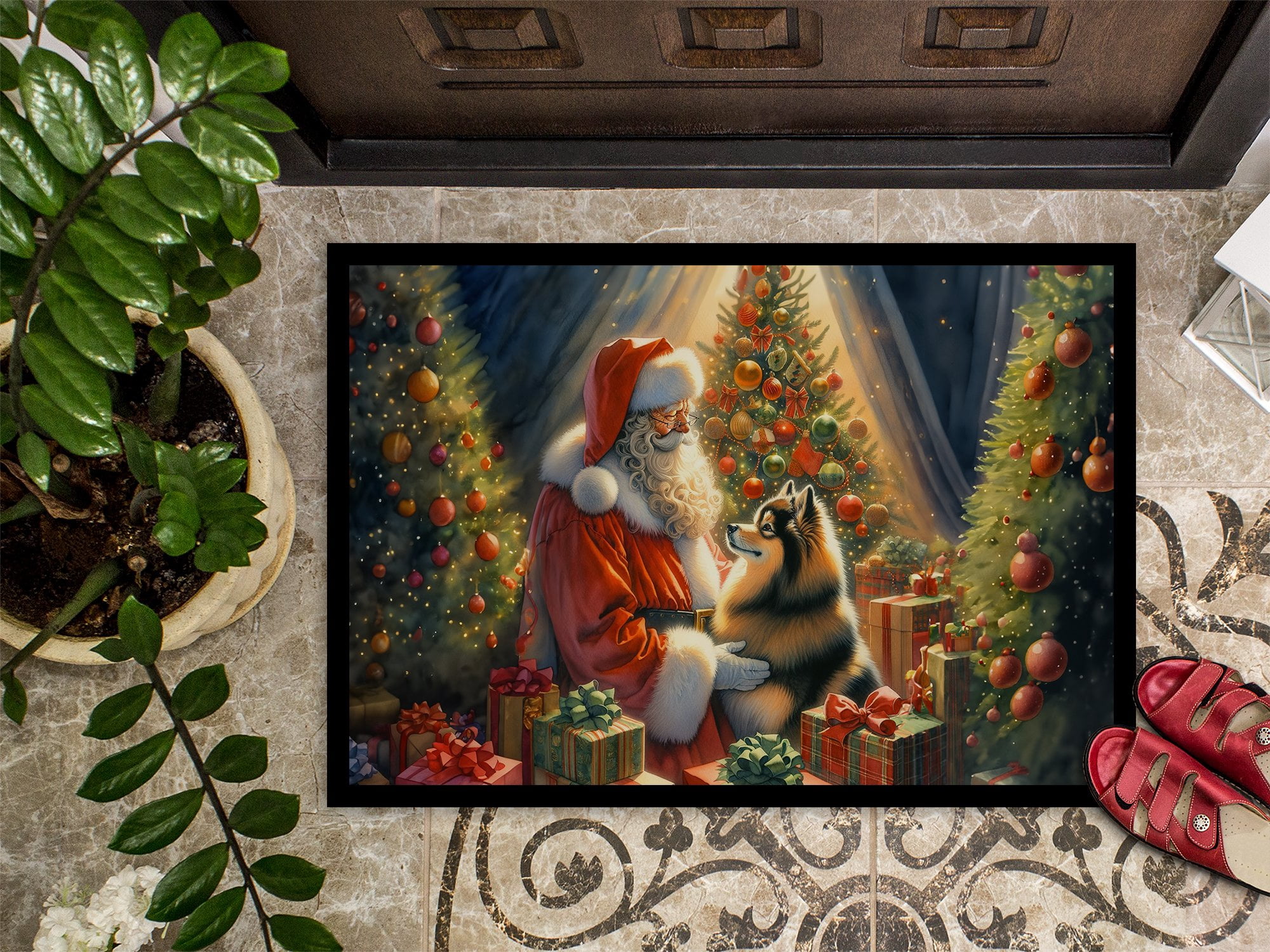 Caroline's Treasures DAC4109MAT Finnish Spitz and Santa Claus Doormat Front Door Mat Indoor Outdoor Rugs for Entryway, Non Slip Washable Low Pile, 18H X 27W