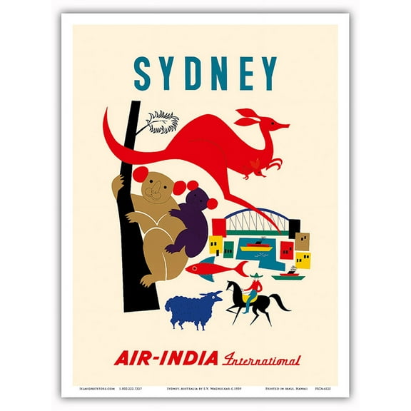 Sydney Australia - Koala Bears Kangaroo Harbor - Air India International - Vintage Airline Travel Poster by S. V. Waghulkar c.1959 - Master Art Print (Unframed) 9in x 12in