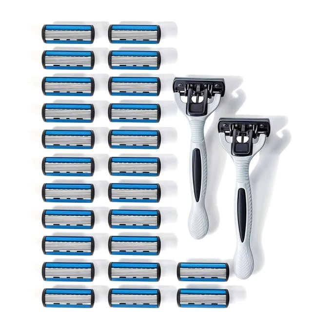 HAOAN 24 Stainless Steel 6 Blade Shaving Razor for Men Beard Mustache- Replaceable Cartridges Blades+ 2 Non-slip Handles- Disposable Reusable Manual Safety Razor Blade