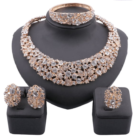 Gold Plated Rhinestone 4Pcs Jewelry Set, Wide Choker Necklace, Bangle, Dangle Earrings & Ring With Boxes, Bridal Wedding Formal Party Accessories for Women