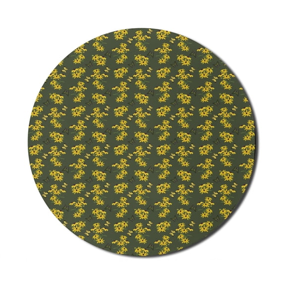 Floral Mouse Pad for Computers, Repeating Butterflies and Blossoming Rudbeckia Flowers in Dark Tones Print, Round Non-Slip Thick Rubber Modern Mousepad, 8" Round, Army Green Yellow, by Ambesonne