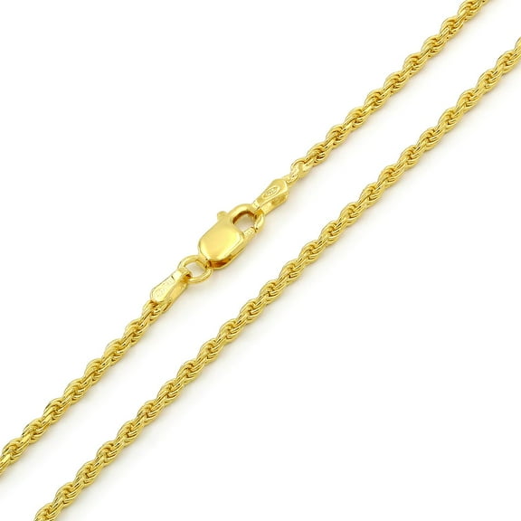 925 Italian Sterling Silver 2mm Solid Rope Diamond Cut Chain, FREE Microfiber Cloth, Yellow Gold Plated Link Mens Womens Necklace, Giorgio Bergamo