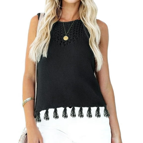 Womens Summer Knit Sweater Tank Tops Round Neck Crochet Hollow Out Sleeveless Casual Crop Shirt Black S