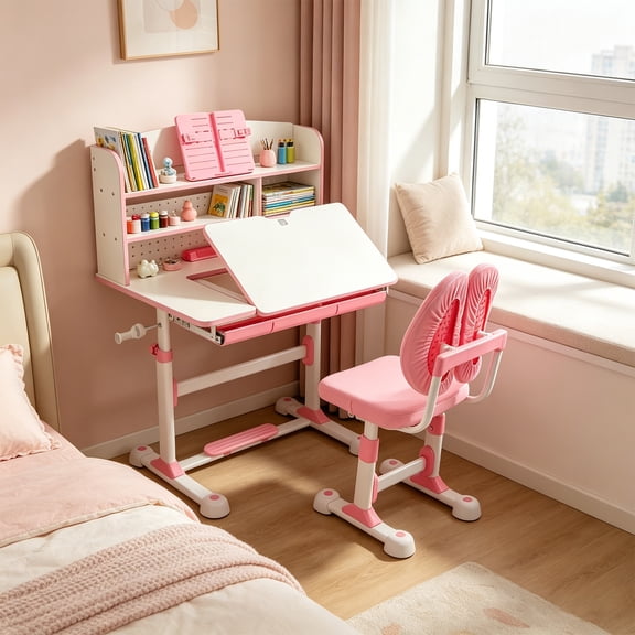 Height Adjustable Kids Desk and Chair Set, Ergonomic Dynamic Backrest, 50° Tilting Desktop with Storage Drawer & Bookshelf for Boys Girls 3-12, Pink