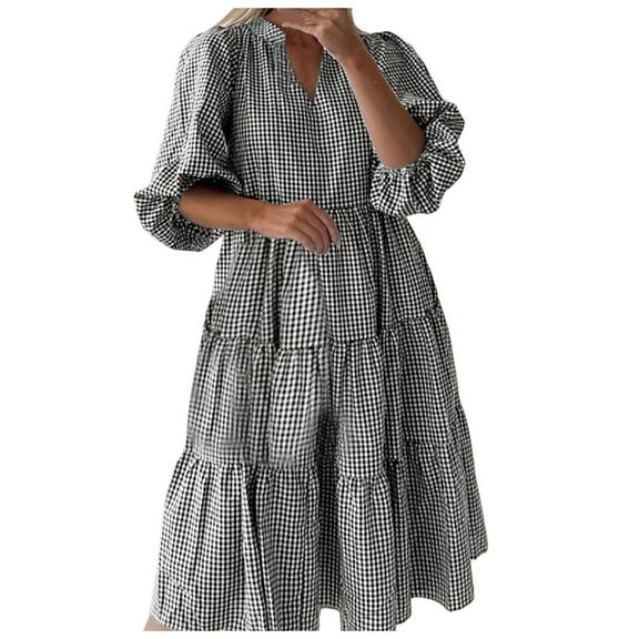 Kureaily Women Casual Plaid Print Dress Half Sleeve V Neck Big Swing Hem Dress Loose Dress Missal Dresses Dress Casual for Women