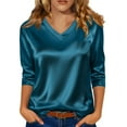 thumbnail image 2 of Fgvctg Silk Tops For Women Satin Fancy Pure Color Long Sleeve Tops V Neck Shirt Dressy Casual Business Work Blouses Green XL, 2 of 5