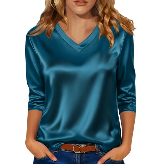 Lumtrix Women Silk Satin Tops Cap Dressy Casual 3/4 Length Sleeve Blouse V Neck Shirts Business Casual Work Shirts Green L