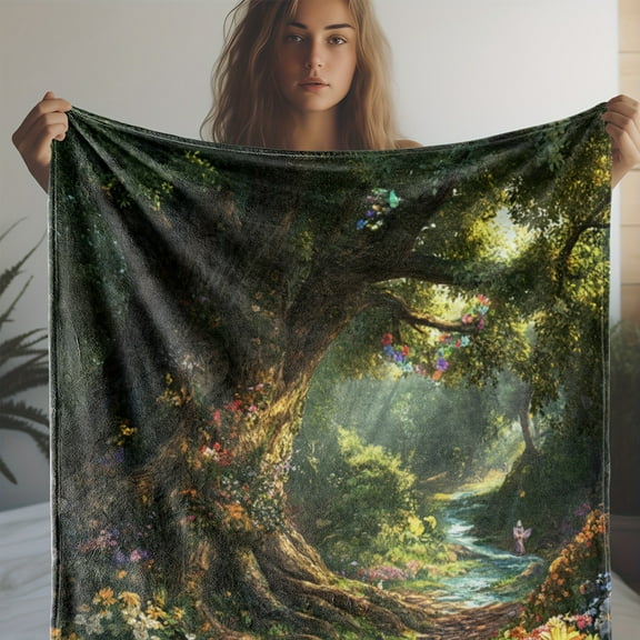 Soft & Warm Cozy Flannel Throw Blanket with Vibrant Forest Path Print Versatile for Couch Bed Car Office Camping Perfect All-Season Gift Idea