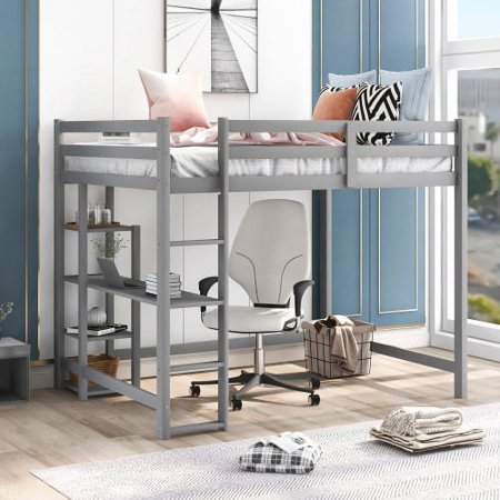 Full Size Loft Bed with Built-in Desk and Shelves  Space Saving Solid Wood Loft Bed Frame for Teens