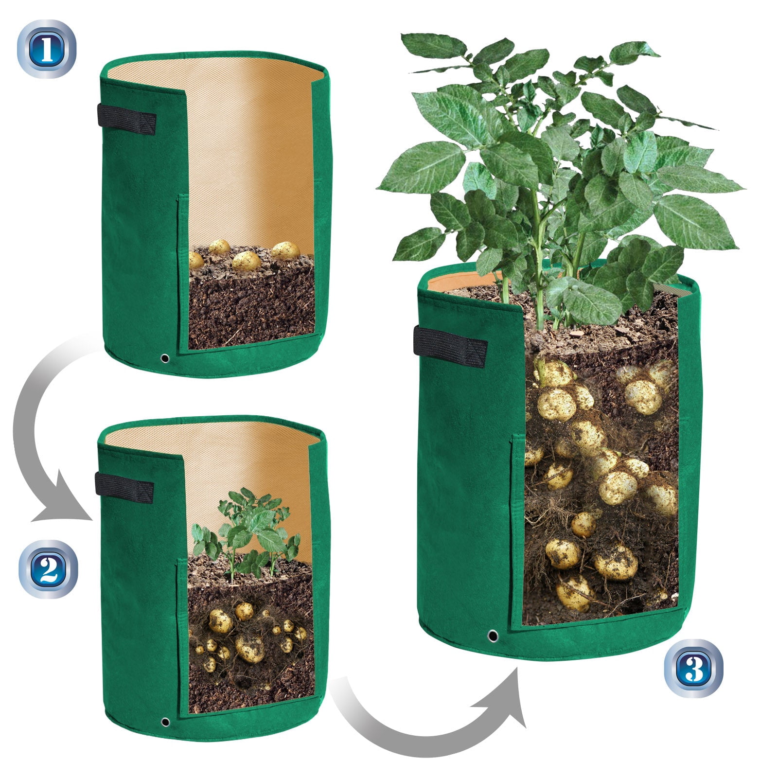 SUNNYOUTDOOR 10 Gallon Potato Grow Bags Large Garden Planting Bag with Flap Window and Durable Handle Outdoor Use, Green (3 Pack)