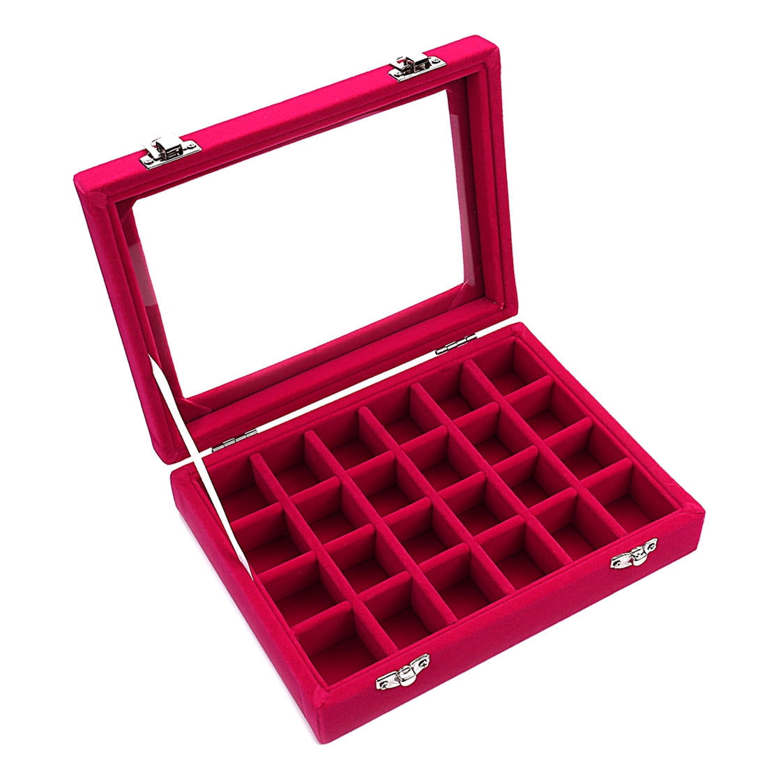 LANTWOO 24 Grids Velvet Glass Ring Earrings Jewelry Box Earrings Organizer Storage Holder Display Case (Pink)