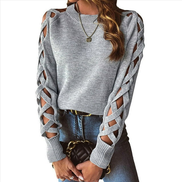 Suéter de Cuello Redondo con Mangas Raglán Huecas de Color Liso para Mujer, Estilo Y2K Gris L