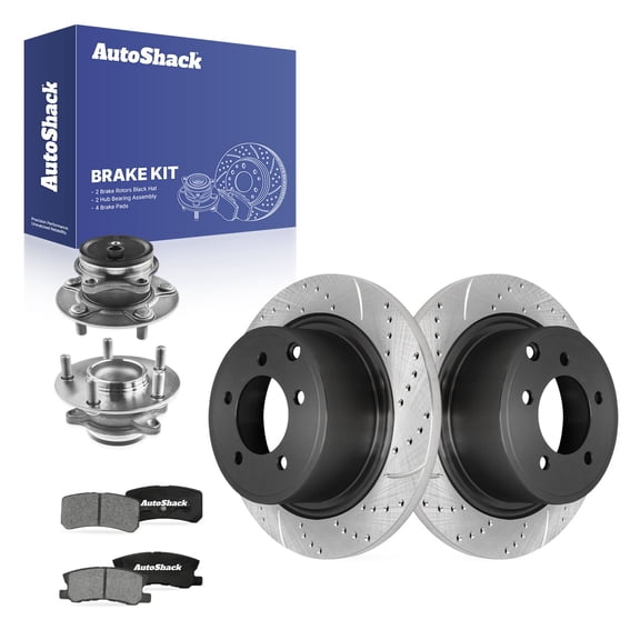 AutoShack Rear Solid Drilled & Slotted E-Coated Brake Rotors   Ceramic Pads   Hub Bearing Assembly 8-PC Brake Kit Replacement for 2013 Mitsubishi Outlander ShadowGuard 11.89" (302 mm)