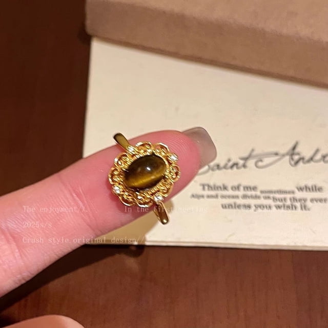 Anillo de oro con piedra ojo de tigre natural y banda ajustable para