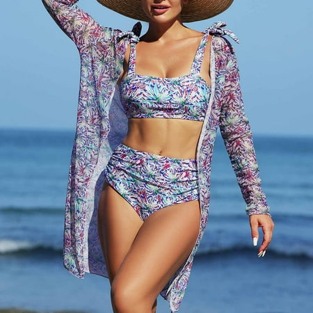 CaiJunJia Bathing Suit for Women 3 Piece Summer Beachwear Printed Halter Tie Front High Waisted Boyshorts Swimsuit With Cover Up