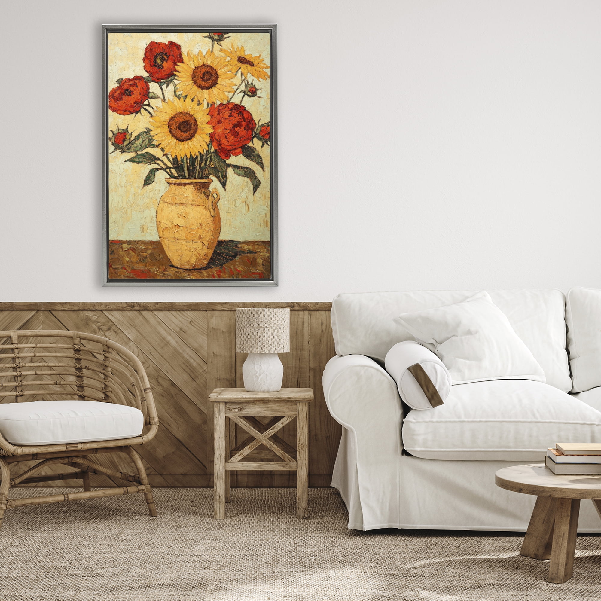 Rustic Flower Display Gray Framed Floater Canvas Wall Art, design by Petal Prints Design