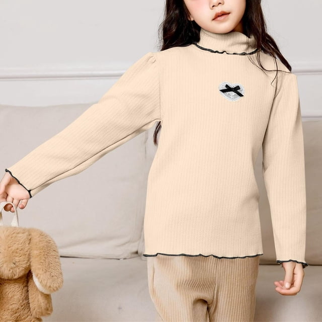 Cowsor Toddler Baby Ribbed Knit Cotton Solid Turtleneck Tops Ruffles Long Sleeve Mock Neck Shirts Soft Slim Fit Teen Girls Sweater
