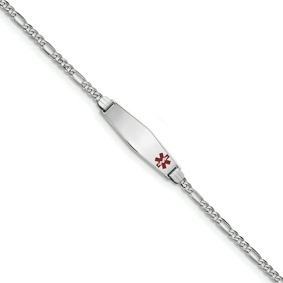 14K White Gold Medical Soft Diamond Shape Red Enamel Figaro Link ID Bracelet
