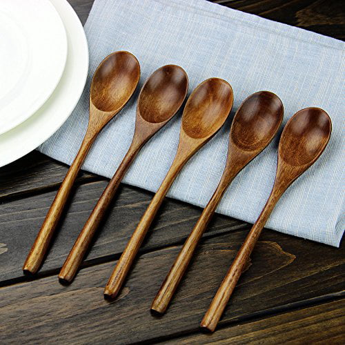 GENENIC 5 Pack Wooden Soup Spoon Long Handle Natural Eco-Friendly Tableware Sets,7 Long