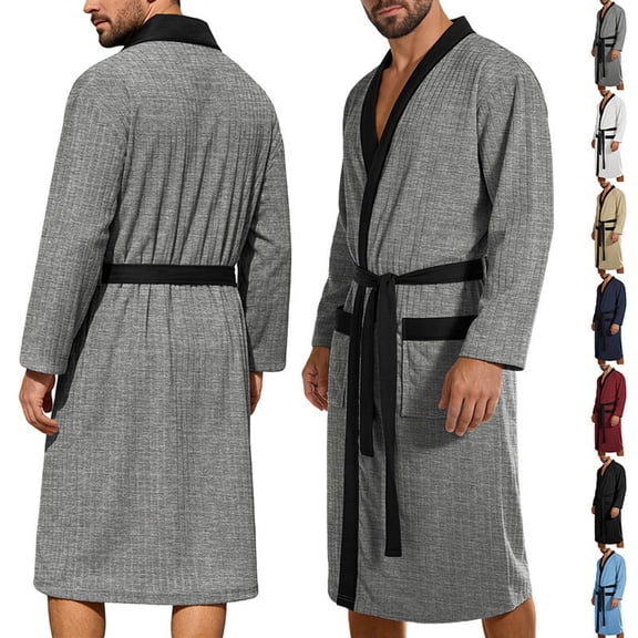 cllios Mens Robe Ribbed Knit Bathrobe Mid Length Lightweight Soft Knitted Bath Robe for Loungewear Sleepwear with Pockets Black L