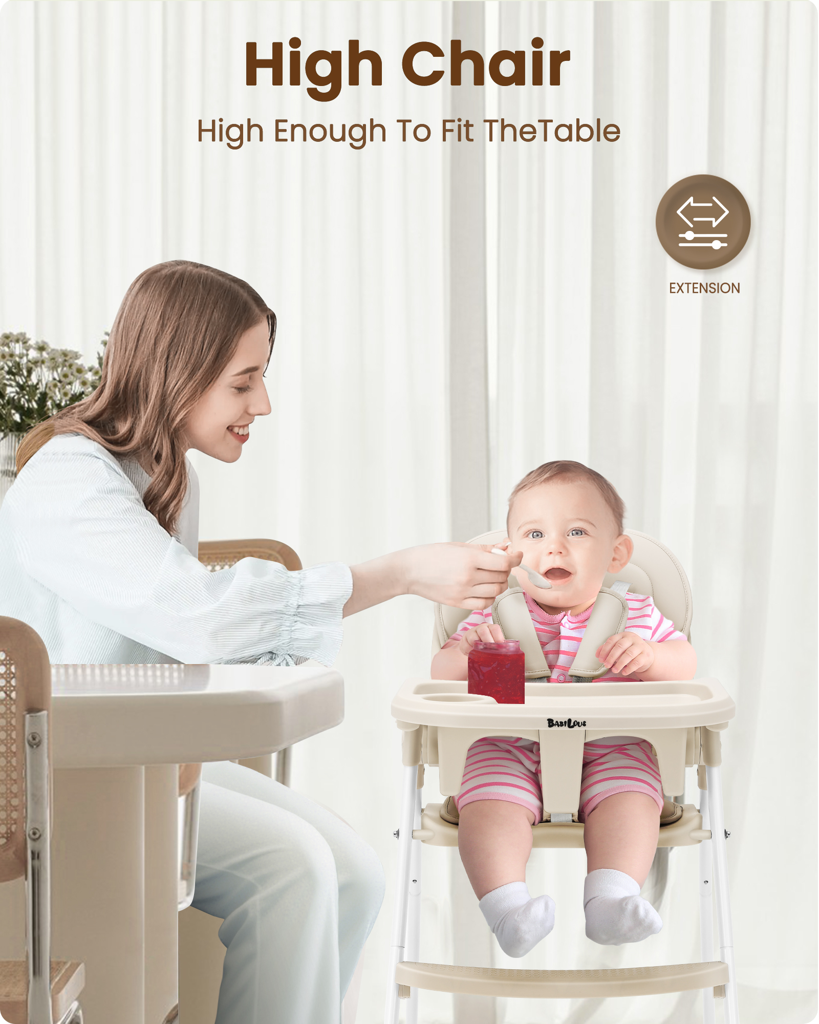 Babilous Foldable High Chair for Babies and Toddlers – Portable, Convertible High Chairs with Adjustable Tray, 5-Point Harness, and Easy-to-Clean Design, Beige