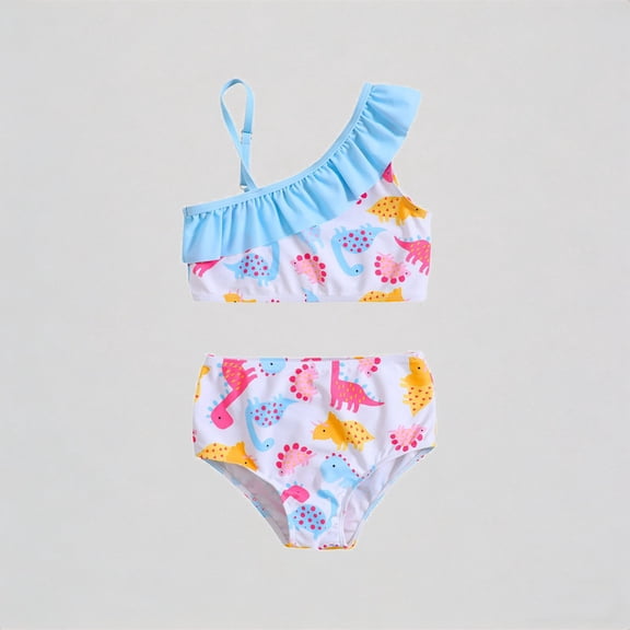 REDARER Toddler Girls 2-Piece Bikini Set: Colorful Dinosaur Print, One-Shoulder Ruffled Trim – Playful Summer Beach Bathing Swimwear,18-24 Months
