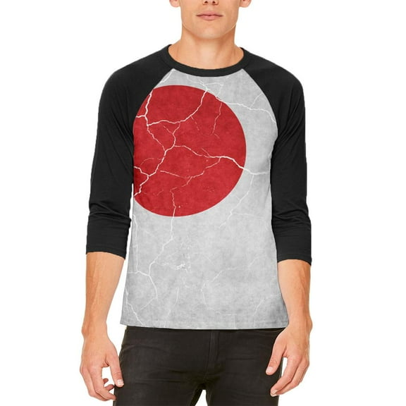 Distressed Japanese Flag Mens Raglan T Shirt White-Black X-LG