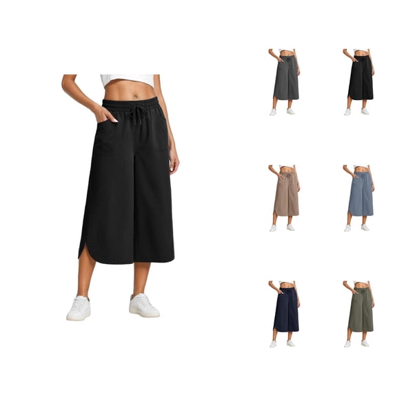Capri Pants for Women 2025 High Elastic Waist Wide Leg Loose Flowy Palazzo Capris with Pockets Womens Cropped Pants