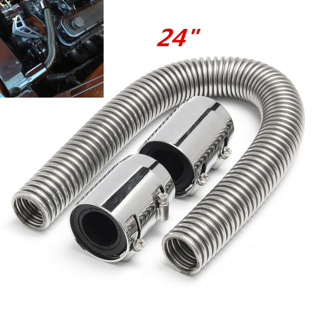 Universal Polished Flexible Stainless Steel Radiator Hose Kit with Chrome Caps