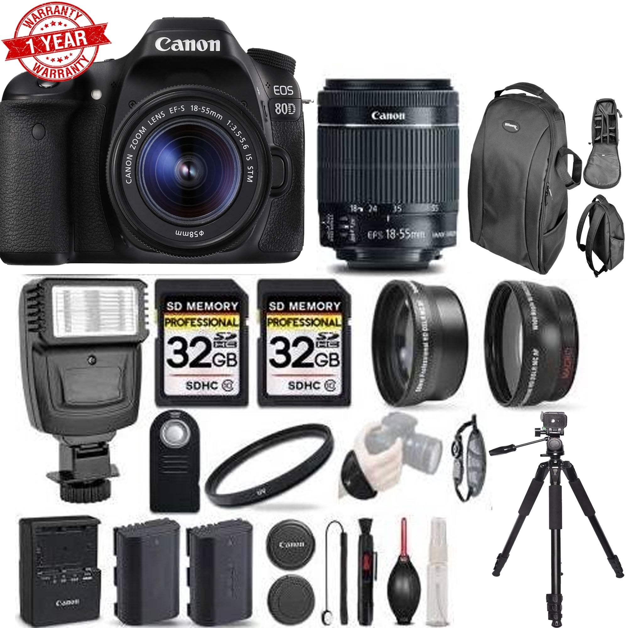 Canon EOS 80D Digital SLR Camera Kit with 18-55mm STM Lens w/ 64GB MC &  Additional Accessories