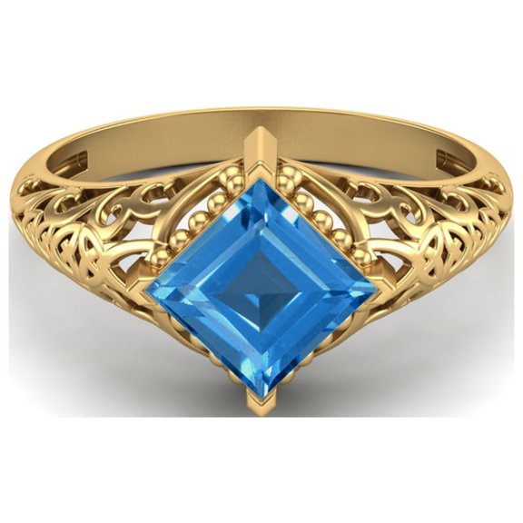1.30 Ctw Square Swiss Blue Topaz Filigree 925 Sterling Silver Gold Vermeil Solitaire Valentines Day Gifts Ring