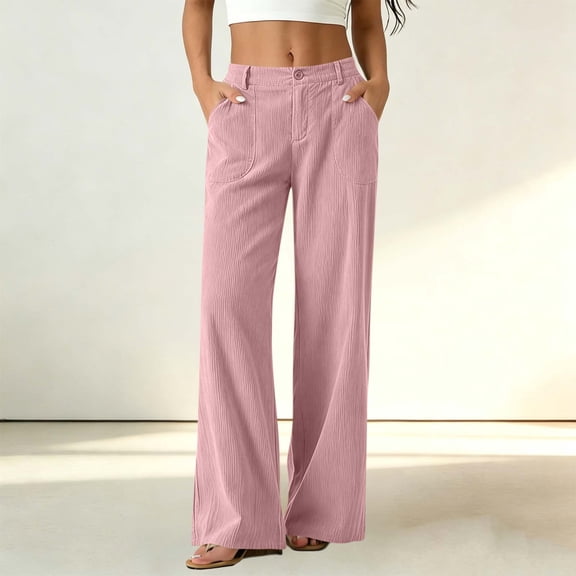 CQONEPT Womens Cotton Linen Dress Pants Button High Waisted Wide Leg Pant Elastic Waist Business Casual Trousers with Pockets Pink M